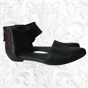 Eileen Fisher Allot Tumbled Ballet Flats Black Leather Mesh Ankle Strap 6.5